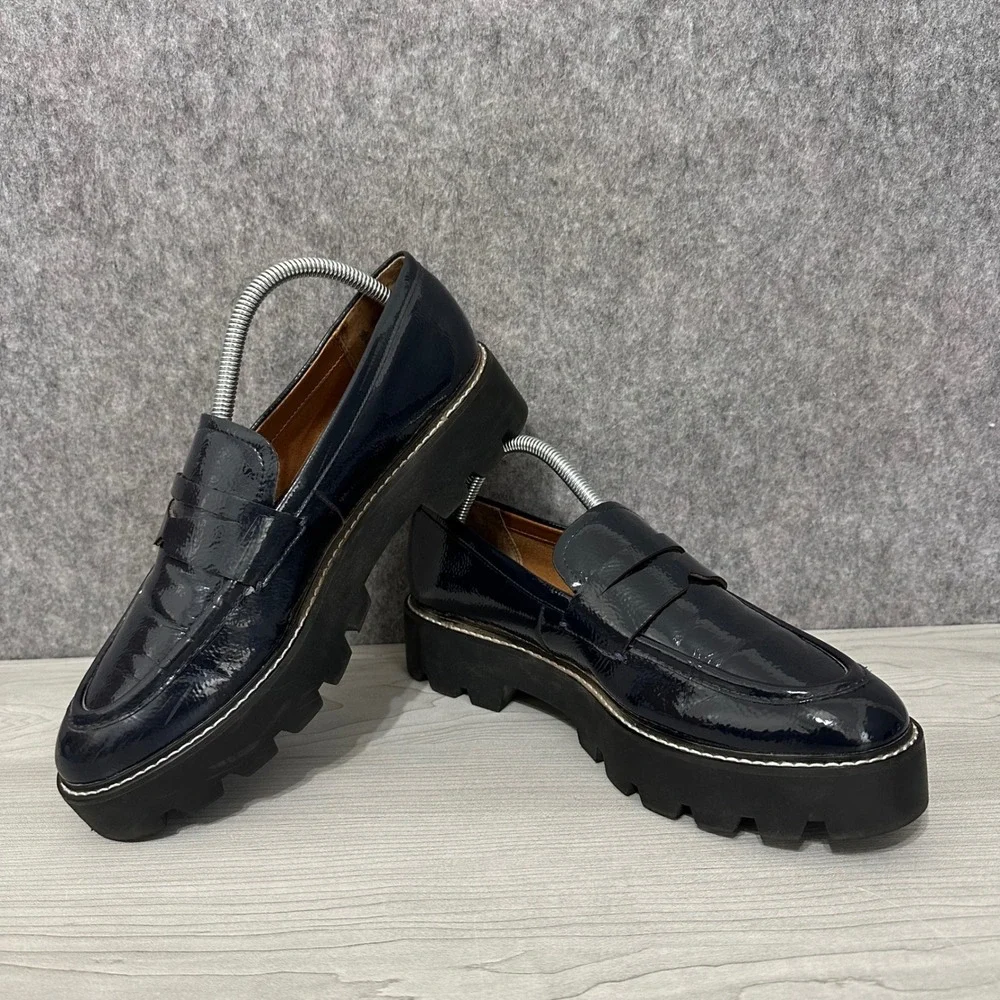 Franco Sarto Balin Lug Sole Loafers Womens 10 Navy Patent Chunky Platform‎